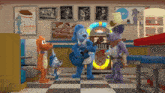 a group of cartoon characters are standing in a diner with a jukebox