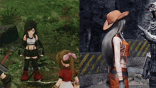 a girl in a cowboy hat stands next to a girl in a crop top