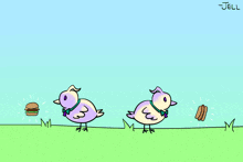 a cartoon drawing of two birds kissing with jell written on the bottom