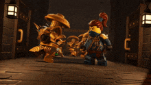 a group of lego characters are standing in a dark room with the letter c in the background