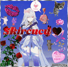 a picture of a girl surrounded by cats and flowers with the words " skircucu " on the bottom