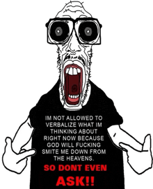 a cartoon of a man wearing glasses and a black shirt that says im not allowed to verbalize what im thinking