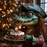 a crocodile with a pirate hat is holding a plate with a birthday cake on it