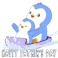 a happy father 's day greeting card with two penguins riding a boat