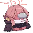 a cartoon character with pink hair and a bubble in her mouth is sitting down .