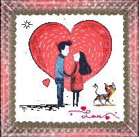 a drawing of a man and a woman standing under a heart with the word love written on the bottom