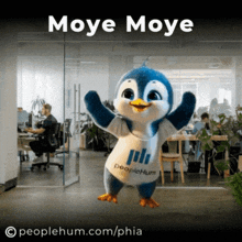 a penguin mascot is wearing a shirt that says peoplehum on it