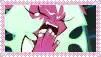 a close up of a cartoon character 's face with a pink and green background