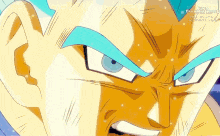 a close up of a dragon ball z character with blue hair and blue eyes .