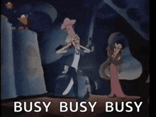 a cartoon scene with the words `` busy busy busy '' written on it