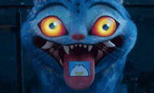 a blue cat is sticking its tongue out with a sticker on its tongue that says hello friend