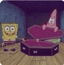 a cartoon of spongebob and patrick holding a pink coffin