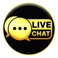 a black and gold circle with a speech bubble that says live chat