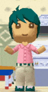 a cartoon character with blue hair wearing a pink shirt