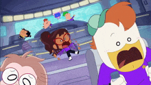 a group of cartoon characters including a girl with glasses and a duck