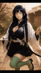 a girl with a sword in her hand is wearing a kimono and knee high socks