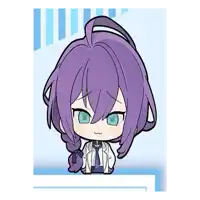 a cartoon drawing of a girl with purple hair and blue eyes