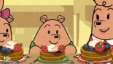 three cartoon bears are sitting at a table eating pancakes with strawberries and blueberries