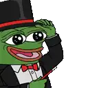 a green frog wearing a tuxedo and top hat is holding a pen .