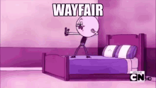 a cartoon character is standing on a bed with the words wayfair written on the bottom .