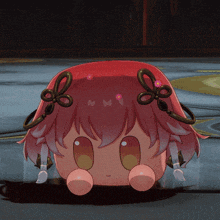 a cartoon character with pink hair and flowers on her head