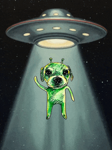 a drawing of an alien dog being abducted by an ufo in space
