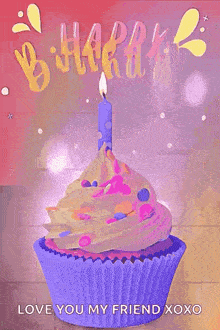 a purple cupcake with a blue candle on top of it is on a birthday card .
