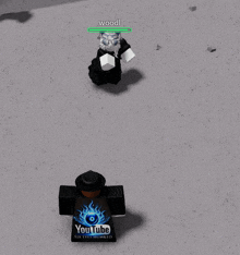 a video game character named woodl is standing next to a youtube logo