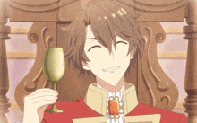 a man in a red jacket is holding a glass of wine