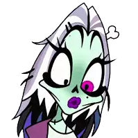 a cartoon drawing of a woman with purple lips and a heart in her hair