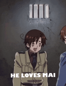 a cartoon of a man standing next to another man with the caption he loves mai