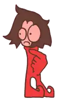 a cartoon drawing of a person in a red suit with big eyes