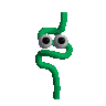 a green snake with googly eyes on a white background