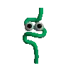 a green snake with googly eyes on a white background