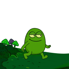 a cartoon of a green frog walking in the grass