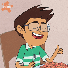 a cartoon of a boy giving a thumbs up with a nick logo behind him