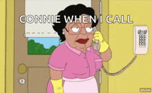 a cartoon of a woman talking on a phone with the words connie when i call above her