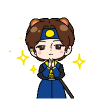 a cartoon drawing of a boy with a bear headband and a sword