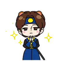 a cartoon drawing of a boy with a bear headband and a sword