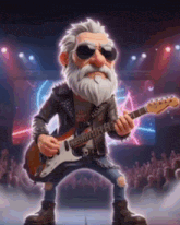 a man with a beard and sunglasses is playing a guitar in front of a crowd