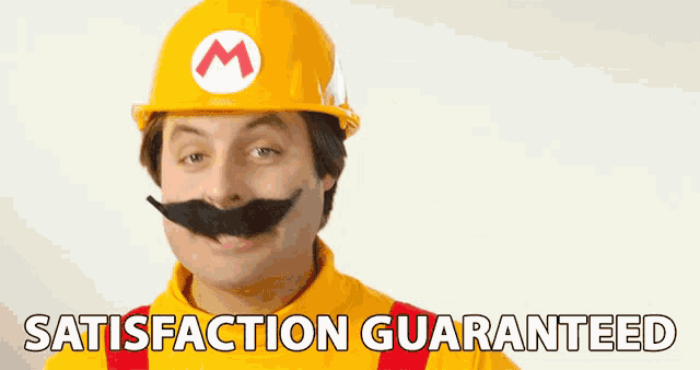 a man wearing a hard hat and a mustache has the words satisfaction guaranteed below him
