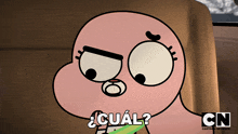 a cartoon character with the word cual in white