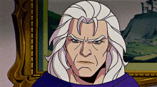 a cartoon character with gray hair and a purple cape