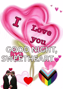 two men are holding hands in front of a pink heart that says i love you