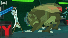 a cartoon of rick and morty fighting a monster with the word trash on the wall
