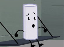 a cartoon drawing of a cylinder with arms and legs and a sad face