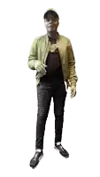 a man wearing a black shirt and a green jacket is giving a thumbs up