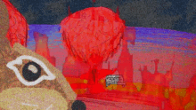 a close up of a rabbit 's eye with a red hot air balloon behind it