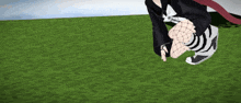 a cartoon character is kneeling down on the grass