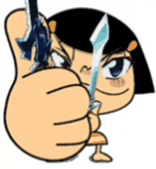 a cartoon girl is holding a sword and giving a thumbs up sign